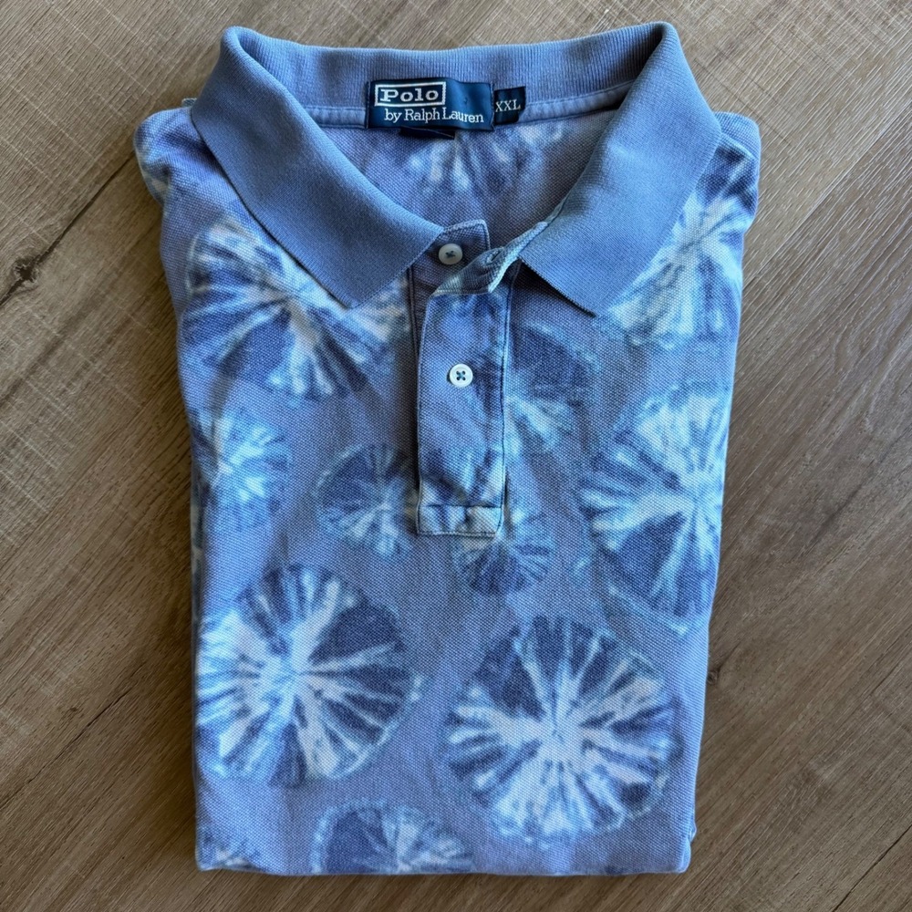 Polo Ralph Lauren‎ Men XXL Blue Tie Dye Shibori Sunburst Cotton Pique Polo Shirt